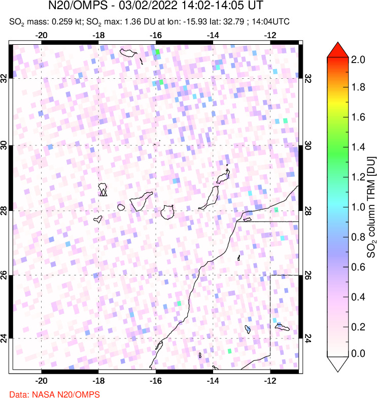 A sulfur dioxide image over Canary Islands on Mar 02, 2022.