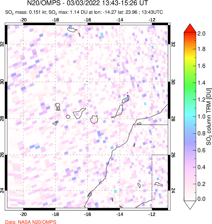 A sulfur dioxide image over Canary Islands on Mar 03, 2022.