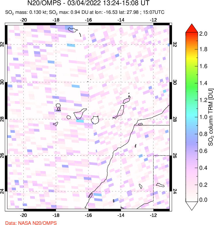 A sulfur dioxide image over Canary Islands on Mar 04, 2022.