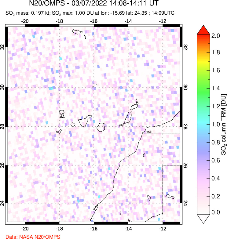 A sulfur dioxide image over Canary Islands on Mar 07, 2022.