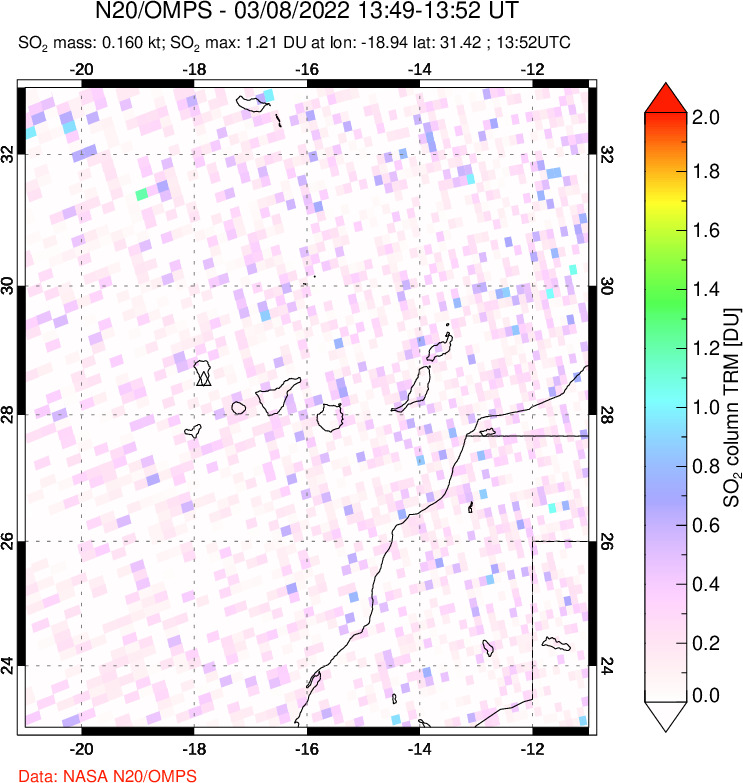 A sulfur dioxide image over Canary Islands on Mar 08, 2022.