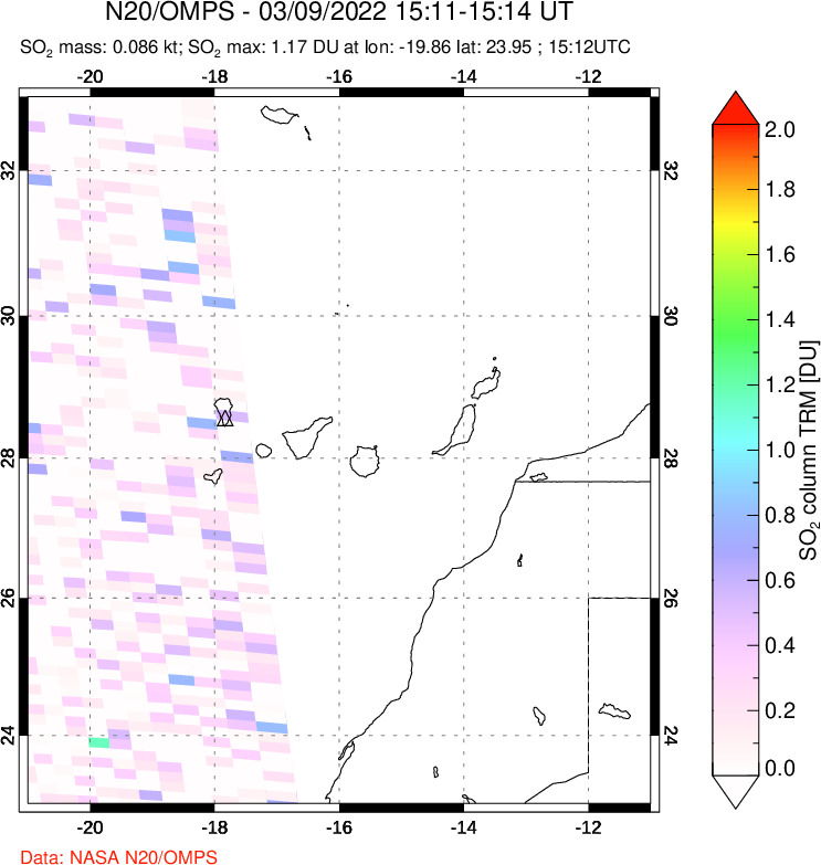 A sulfur dioxide image over Canary Islands on Mar 09, 2022.