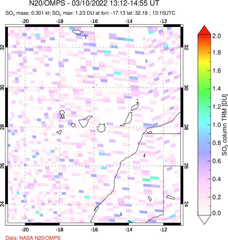 A sulfur dioxide image over Canary Islands on Mar 10, 2022.