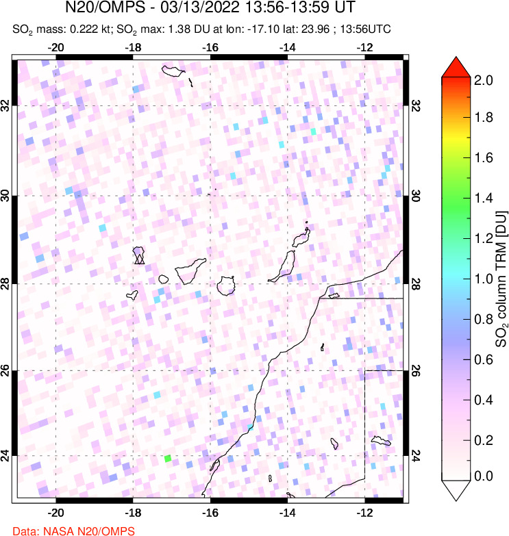 A sulfur dioxide image over Canary Islands on Mar 13, 2022.