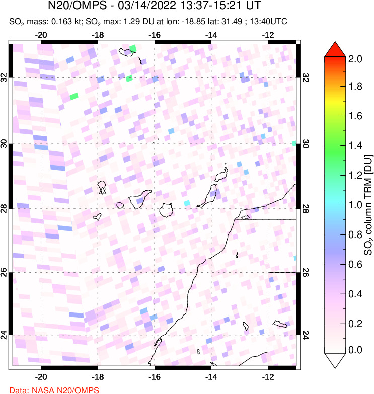 A sulfur dioxide image over Canary Islands on Mar 14, 2022.