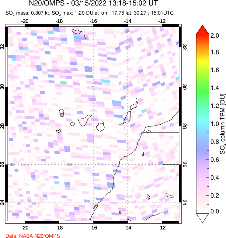 A sulfur dioxide image over Canary Islands on Mar 15, 2022.