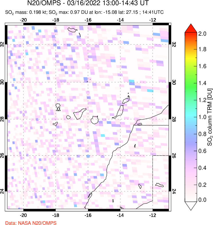 A sulfur dioxide image over Canary Islands on Mar 16, 2022.