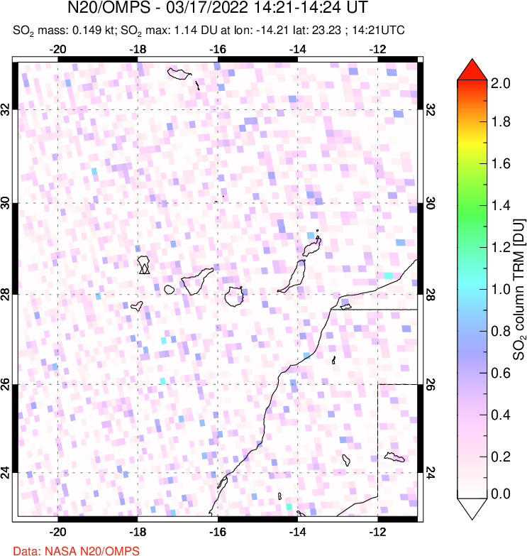 A sulfur dioxide image over Canary Islands on Mar 17, 2022.