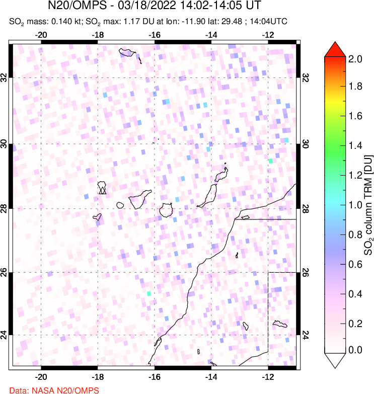 A sulfur dioxide image over Canary Islands on Mar 18, 2022.