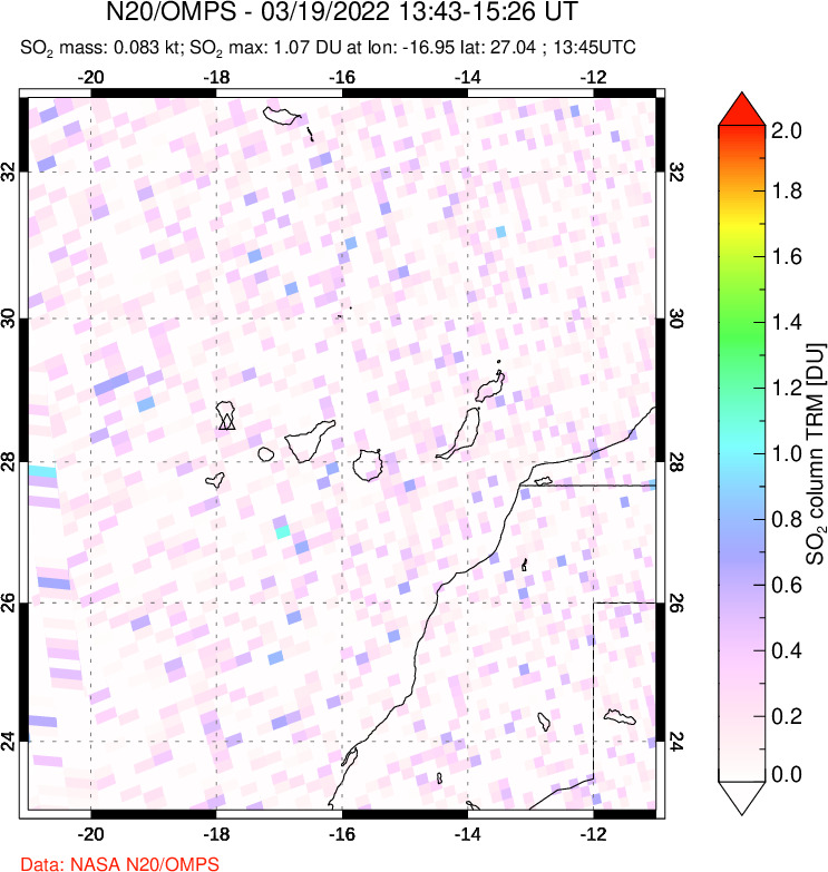 A sulfur dioxide image over Canary Islands on Mar 19, 2022.