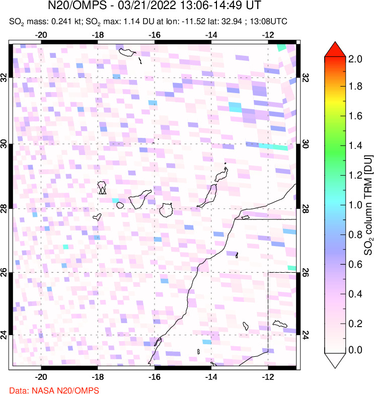 A sulfur dioxide image over Canary Islands on Mar 21, 2022.