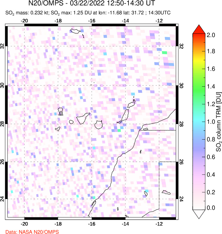 A sulfur dioxide image over Canary Islands on Mar 22, 2022.