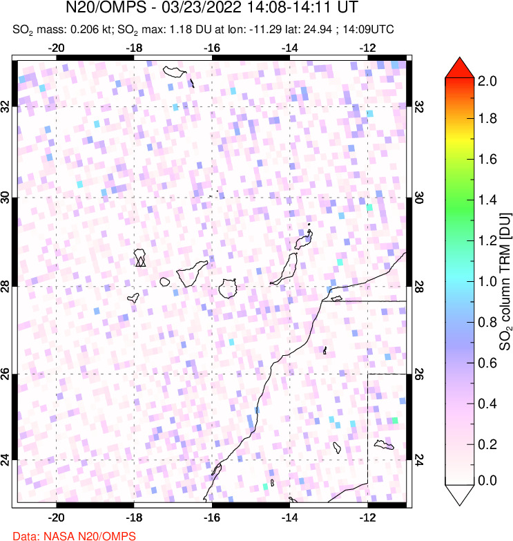 A sulfur dioxide image over Canary Islands on Mar 23, 2022.