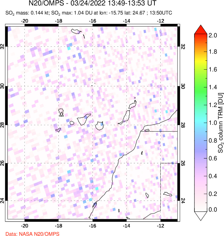 A sulfur dioxide image over Canary Islands on Mar 24, 2022.