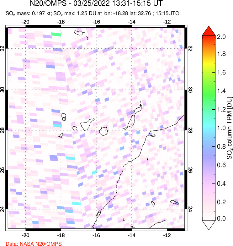 A sulfur dioxide image over Canary Islands on Mar 25, 2022.