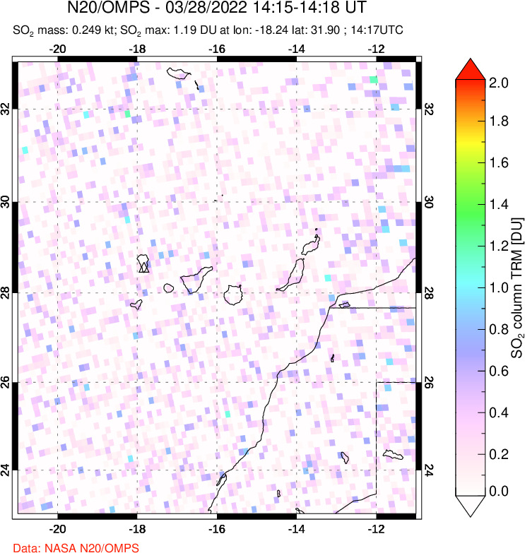 A sulfur dioxide image over Canary Islands on Mar 28, 2022.