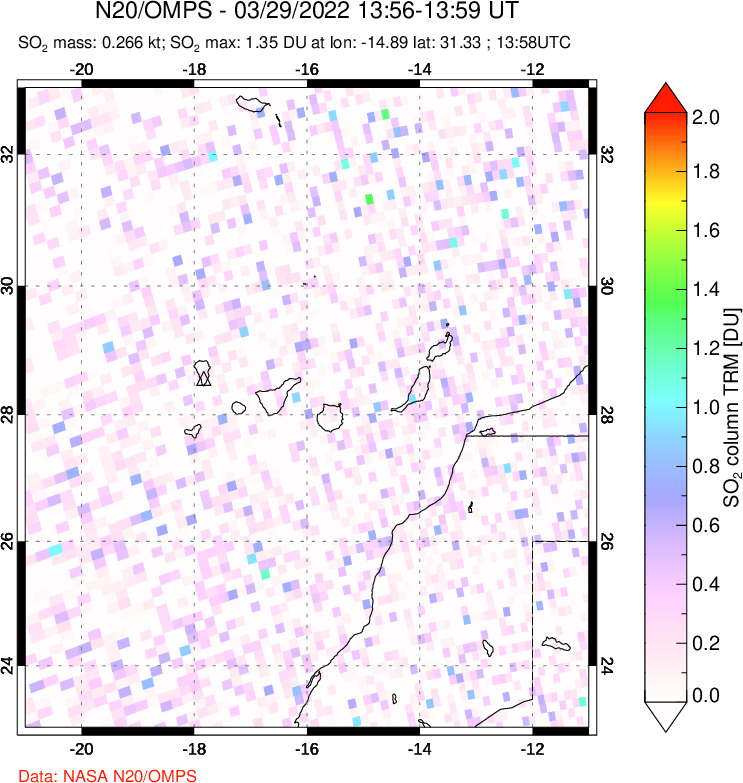 A sulfur dioxide image over Canary Islands on Mar 29, 2022.