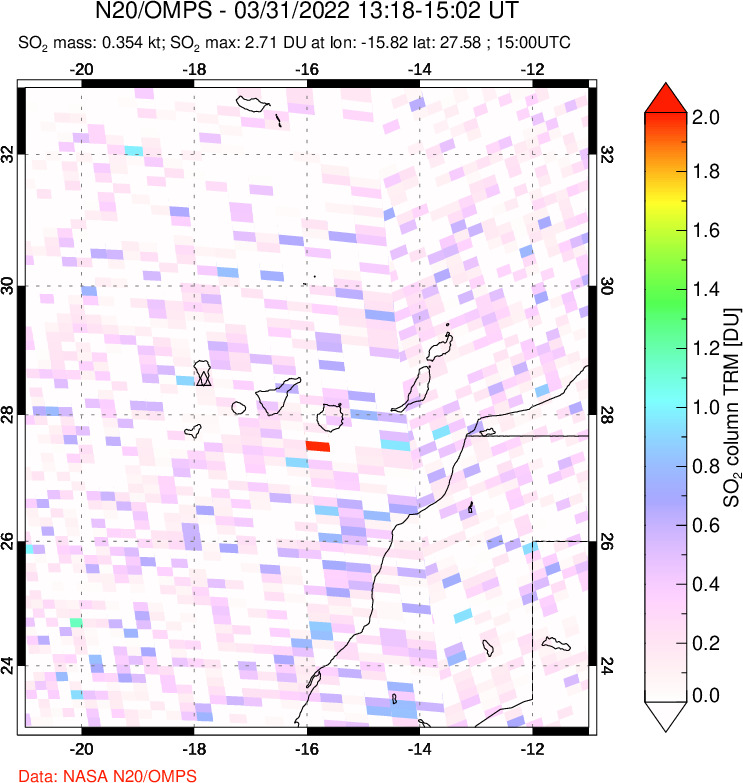 A sulfur dioxide image over Canary Islands on Mar 31, 2022.