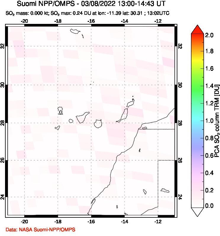 A sulfur dioxide image over Canary Islands on Mar 08, 2022.