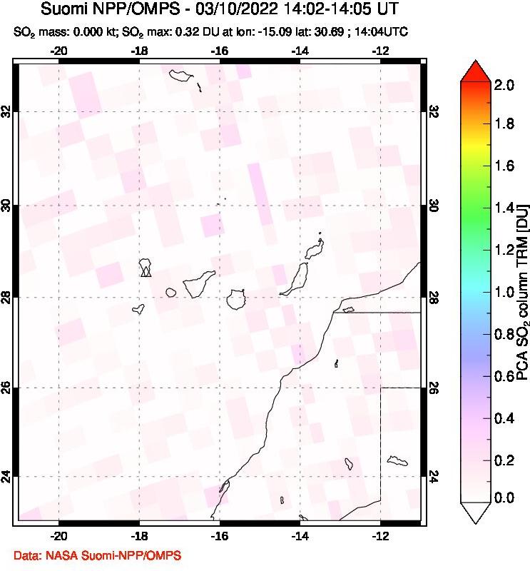 A sulfur dioxide image over Canary Islands on Mar 10, 2022.