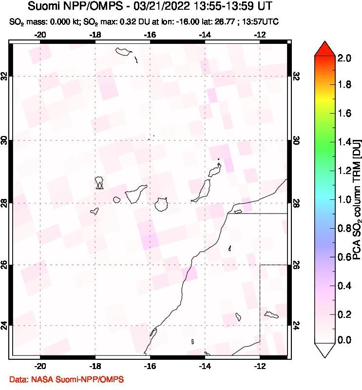 A sulfur dioxide image over Canary Islands on Mar 21, 2022.