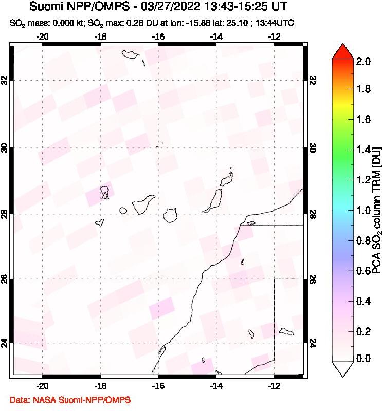 A sulfur dioxide image over Canary Islands on Mar 27, 2022.