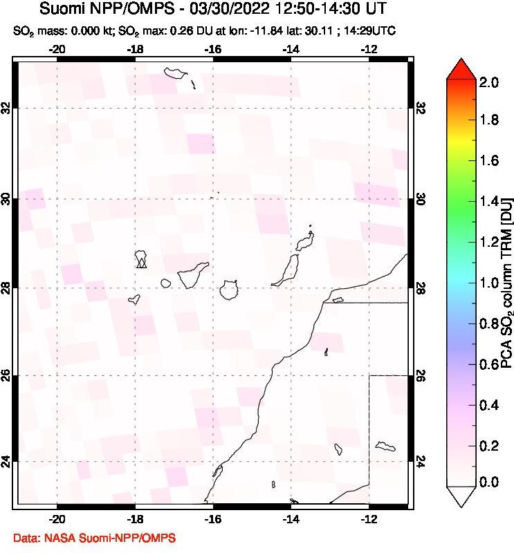 A sulfur dioxide image over Canary Islands on Mar 30, 2022.