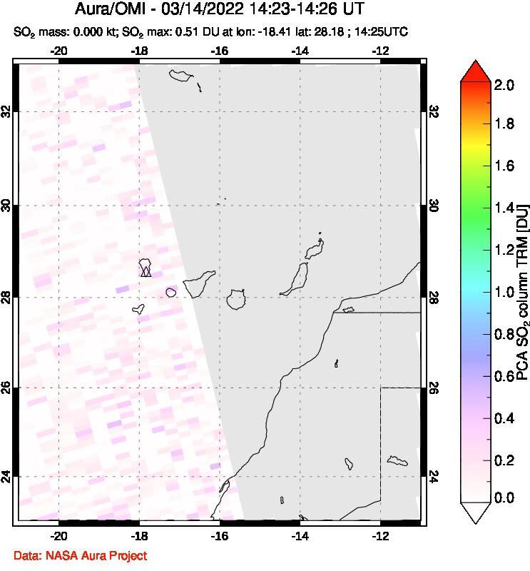 A sulfur dioxide image over Canary Islands on Mar 14, 2022.