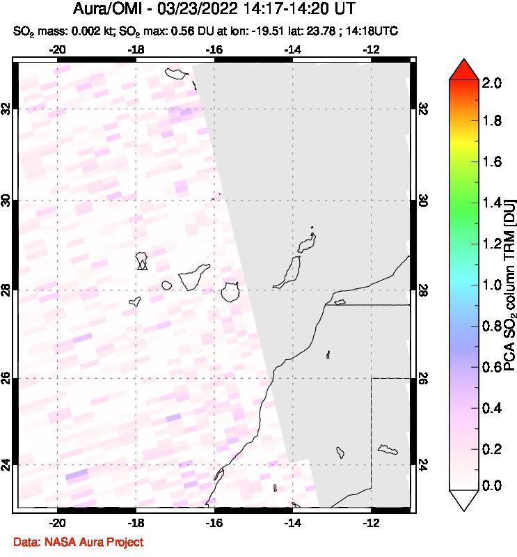 A sulfur dioxide image over Canary Islands on Mar 23, 2022.