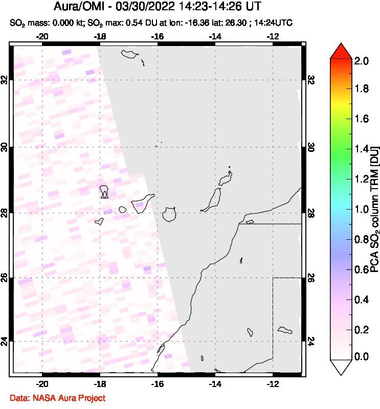 A sulfur dioxide image over Canary Islands on Mar 30, 2022.