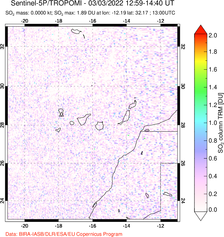 A sulfur dioxide image over Canary Islands on Mar 03, 2022.