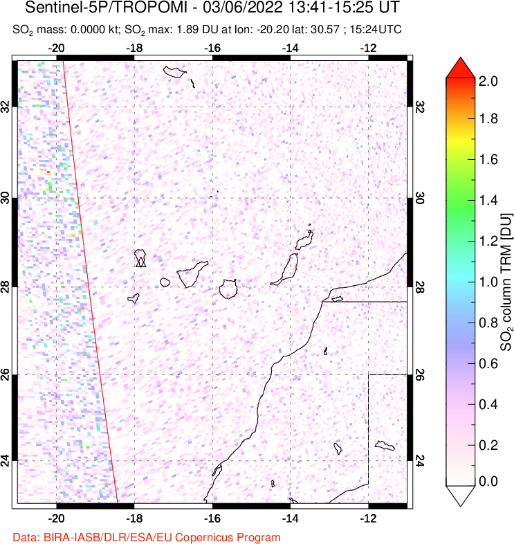 A sulfur dioxide image over Canary Islands on Mar 06, 2022.