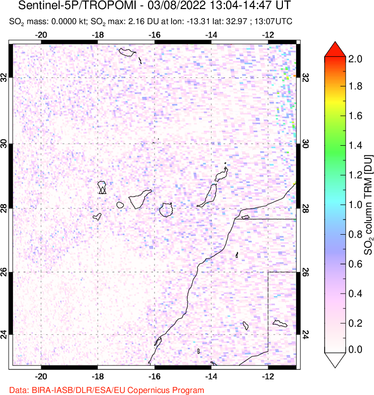 A sulfur dioxide image over Canary Islands on Mar 08, 2022.