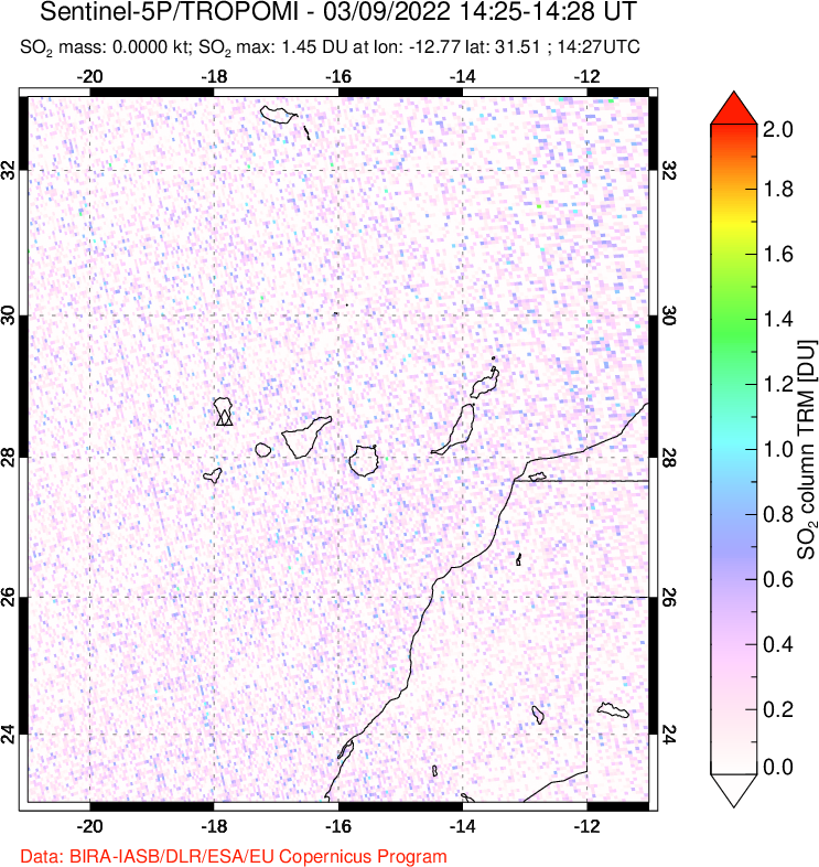A sulfur dioxide image over Canary Islands on Mar 09, 2022.