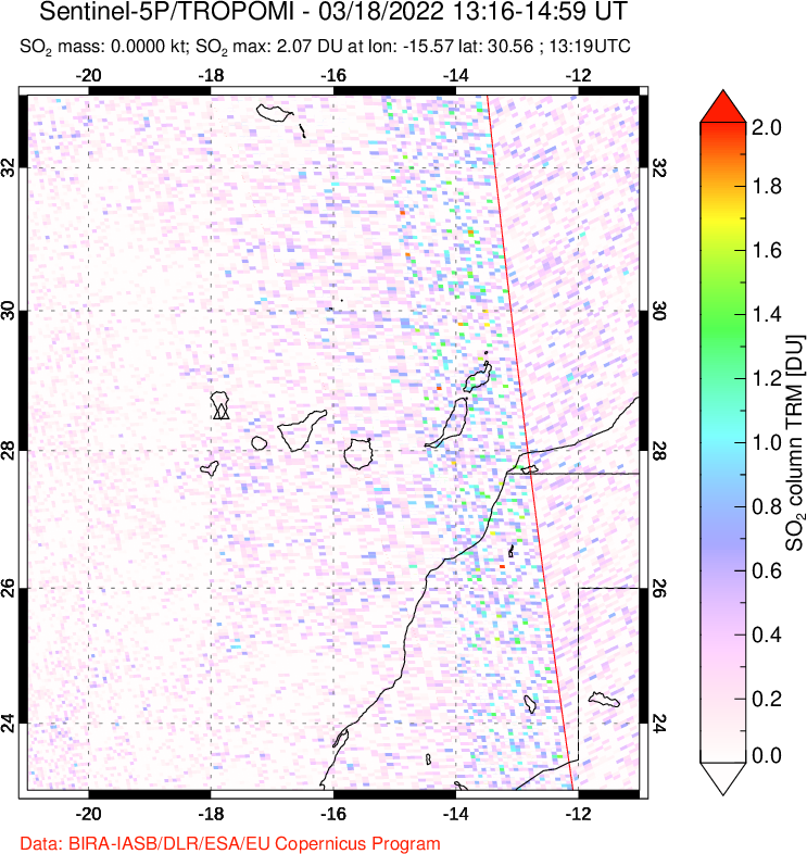 A sulfur dioxide image over Canary Islands on Mar 18, 2022.