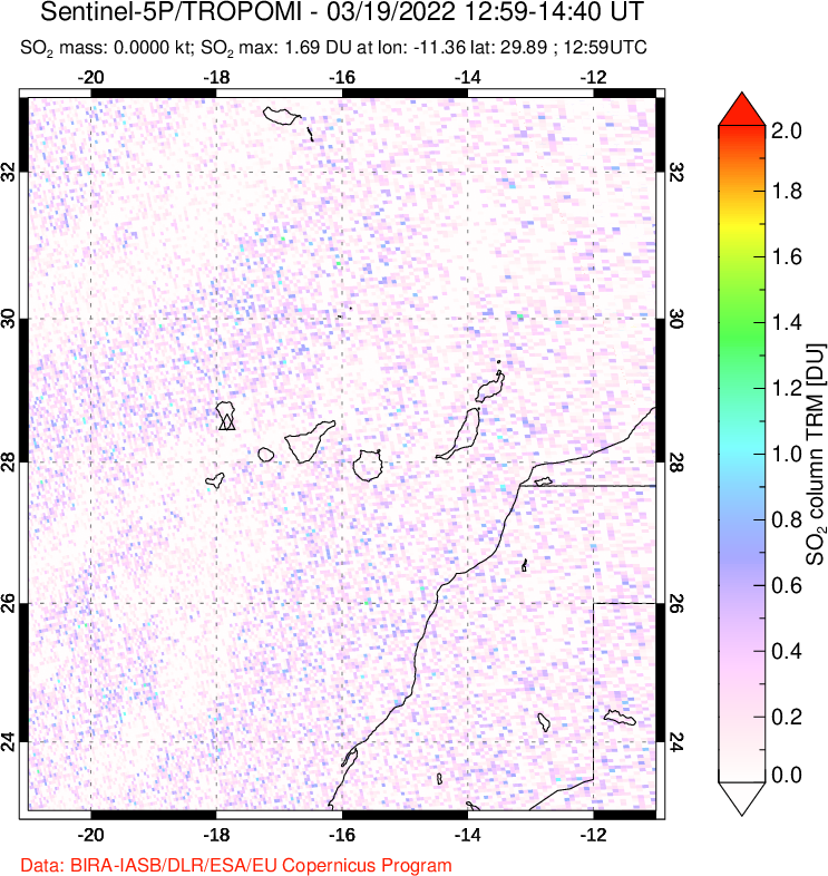 A sulfur dioxide image over Canary Islands on Mar 19, 2022.
