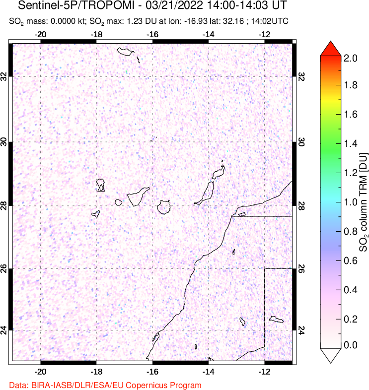 A sulfur dioxide image over Canary Islands on Mar 21, 2022.
