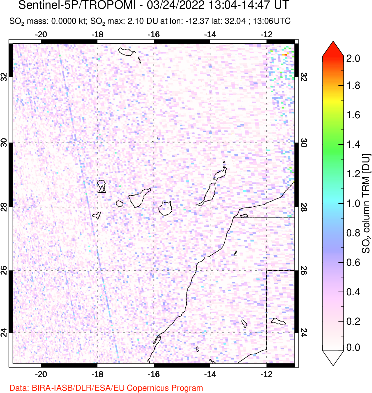 A sulfur dioxide image over Canary Islands on Mar 24, 2022.