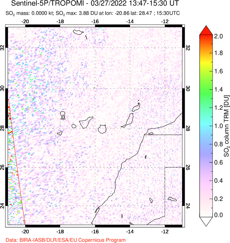 A sulfur dioxide image over Canary Islands on Mar 27, 2022.