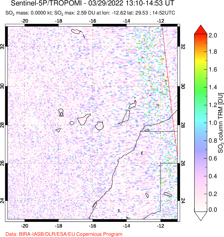 A sulfur dioxide image over Canary Islands on Mar 29, 2022.
