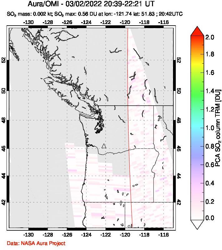 A sulfur dioxide image over Cascade Range, USA on Mar 02, 2022.