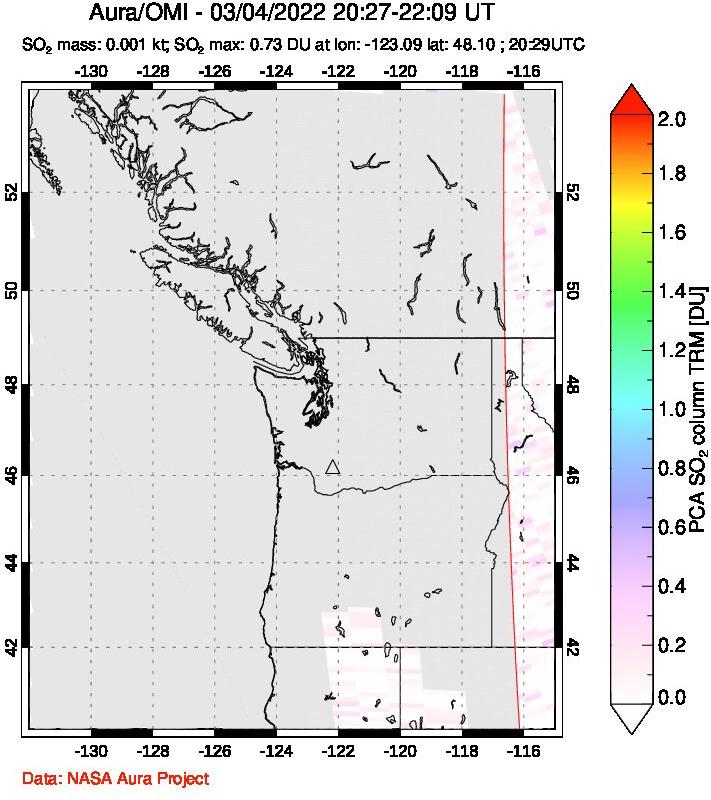 A sulfur dioxide image over Cascade Range, USA on Mar 04, 2022.