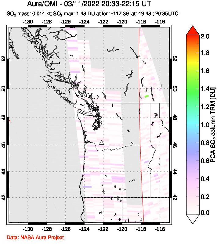 A sulfur dioxide image over Cascade Range, USA on Mar 11, 2022.