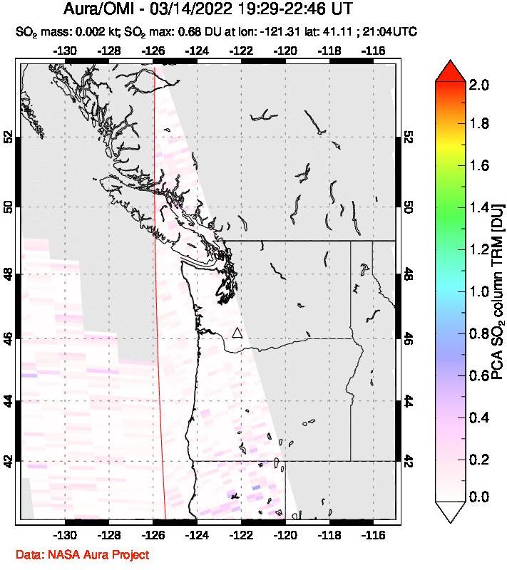 A sulfur dioxide image over Cascade Range, USA on Mar 14, 2022.