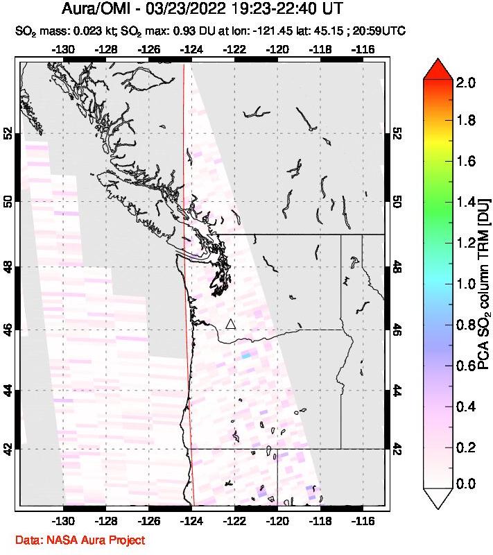 A sulfur dioxide image over Cascade Range, USA on Mar 23, 2022.