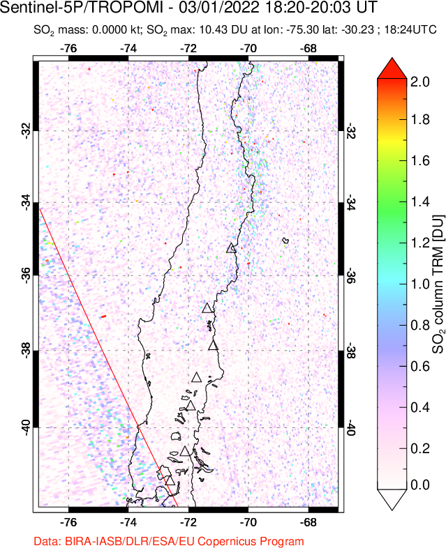 A sulfur dioxide image over Central Chile on Mar 01, 2022.