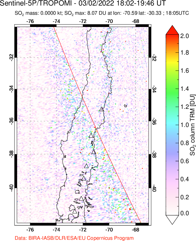 A sulfur dioxide image over Central Chile on Mar 02, 2022.