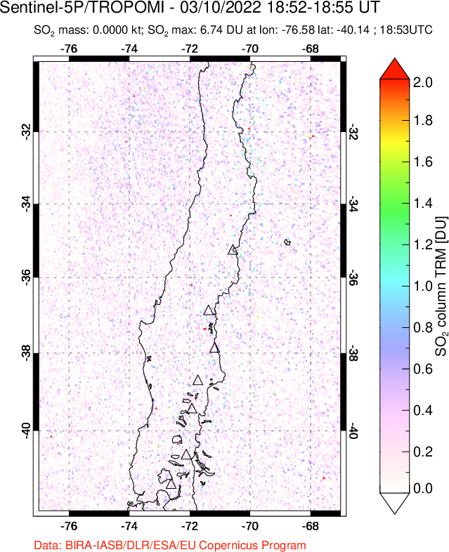 A sulfur dioxide image over Central Chile on Mar 10, 2022.