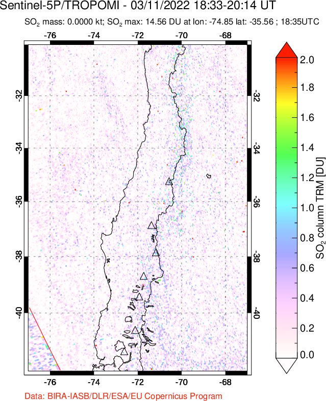 A sulfur dioxide image over Central Chile on Mar 11, 2022.