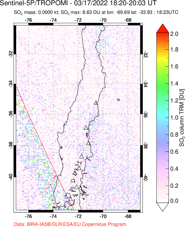 A sulfur dioxide image over Central Chile on Mar 17, 2022.